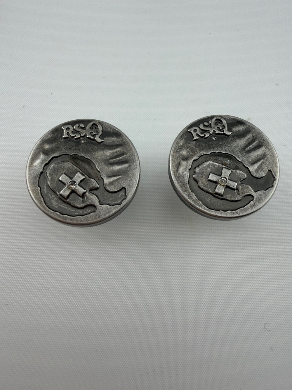 Vintage RSQ Silver-Tone Round Cufflinks with Raised Cross Emblem